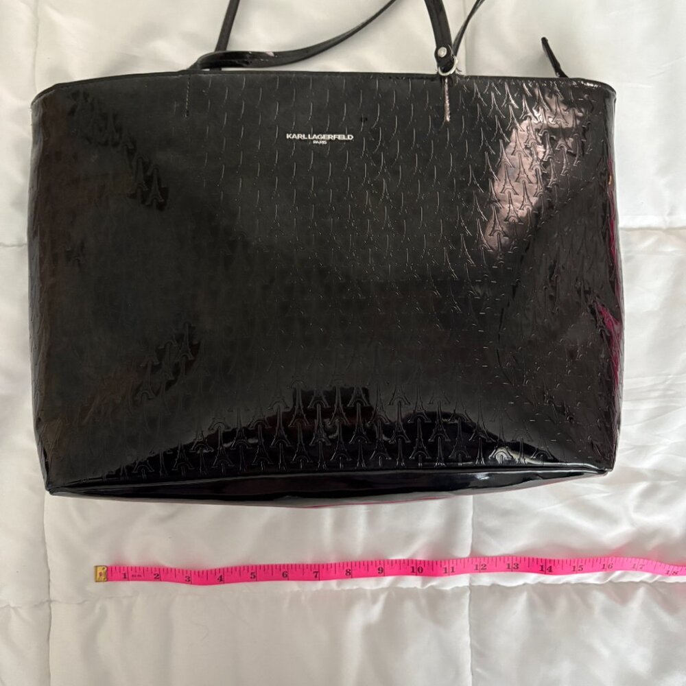 Karl Lagerfeld Paris Logo Tote Coin Purse Black Patent Leather Parisian Chic - Picture 10 of 16